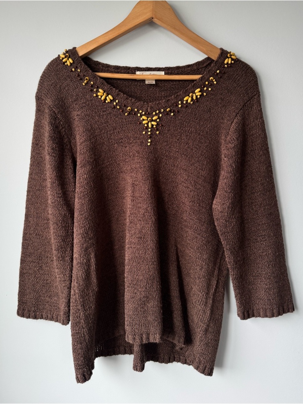 Women's Brown Beaded V-Neck Sweater